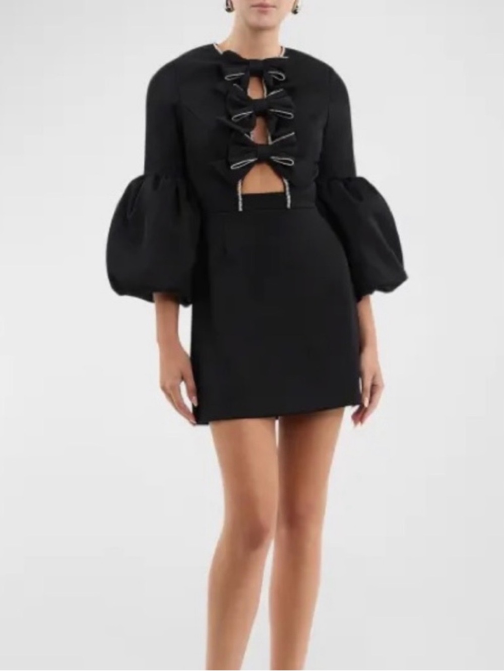 Rebecca Vallance Black Puff-Sleeve Mini with Front Rhinestone-Accented Bows